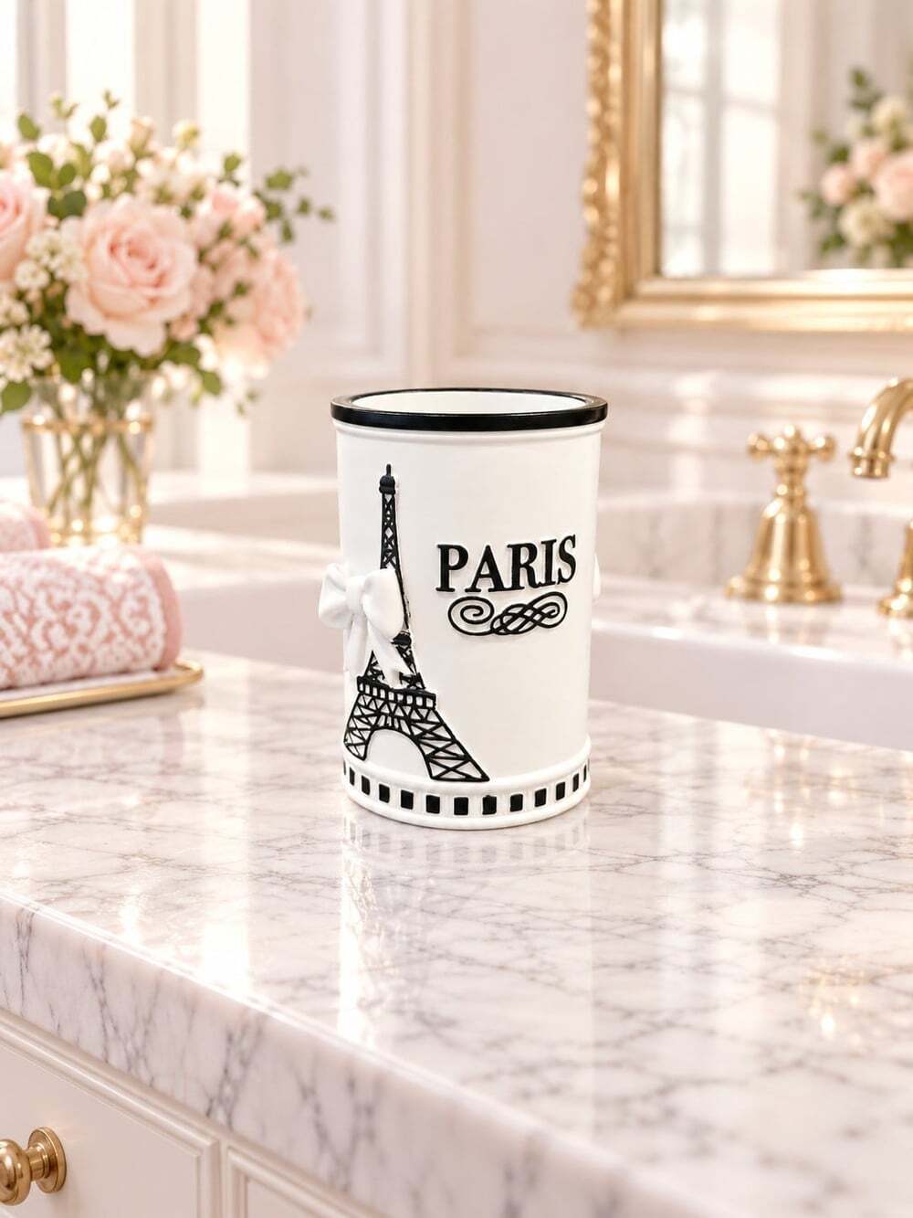 New Black & White Paris French Bathroom Eiffel Tower Tooth Brush Holder Storage